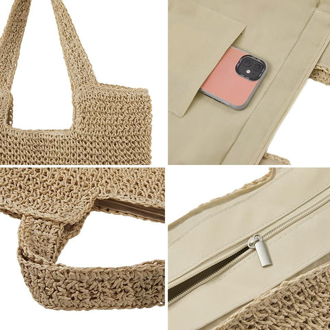COZYOFFI Straw Beach Tote Bag: Large Summer Boho Woven Bags - Rattan Handmade Shoulder Handbags for Women(Brown) COZYOFFI