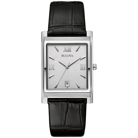 Bulova Men's Stainless Steel 3-Hand Calendar Date Quartz Watch with Black Leather Strap, Rectangle Dial Style: 96B107 Bulova