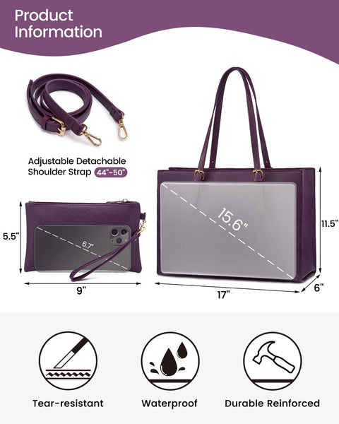LOVEVOOK 15.6 Inch Laptop Bag for women, Large Waterproof PU Leather Work Briefcase with USB Charging Port Casual Computer Shoulder Messenger Fashion Business Office Tote Handbag Purse, Purple LOVEVOOK