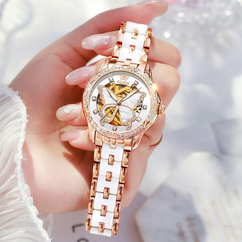 OLEVS Women's Rose Gold Automatic Watches Skeleton Mechanical Self Winding Ladies Elegant Luxury Dress Butterfly Diamond White Ceramic Band Watch Gift OLEVS