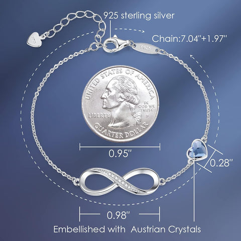 CDE Infinity Heart Symbol Charm Link Bracelet for Women 925 Sterling Silver Stainless Steel Adjustable Mother's Day Gift Anniversary Jewelry Birthday Gifts for Women Wife Girlfriend Her CDE