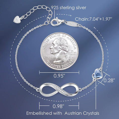 CDE Infinity Heart Symbol Charm Link Bracelet for Women 925 Sterling Silver Stainless Steel Adjustable Mother's Day Gift Anniversary Jewelry Birthday Gifts for Women Wife Girlfriend Her CDE