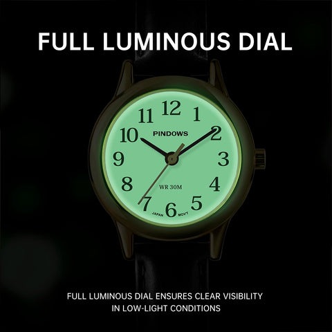 PINDOWS Minimalist Watches for Women, Gold-Tone Case with Black Leather Strap, Fashionable, Everyday Elegant Quartz Analog Dress Watch