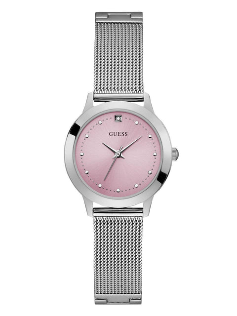 GUESS Stainless Steel Mesh Bracelet Watch with Pink Genuine Diamond Dial. Color: Silver-Tone (Model: U1197L3) GUESS