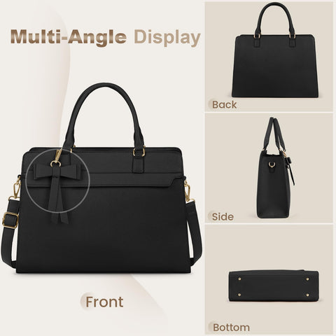 Laptop Bag for Women 15.6 inch Leather Laptop Tote Bag Large Computer Bag Waterproof Business Office Work Bag Briefcase with Satchel Purse 2pcs Set, Black NUBILY