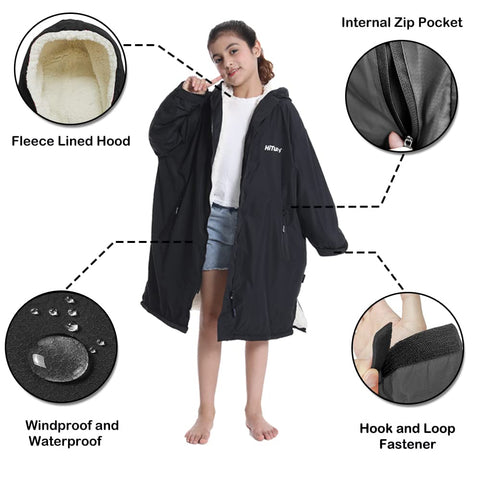 Hiturbo Warm Kids Swim Parka: Waterproof Changing Robe - Thick Fleece Lining - Oversize Swimming Coat - Hooded Surf Poncho (7-14Y, Black)