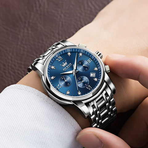OLEVS Men's Diamond Watches Blue Dial Roman numerals Chronograph Watches for Men Stainless Steel Band Fashion Luminous Hands Multi-Function Quartz Watch Water Resistant Silver Tone Men Watch with Date
