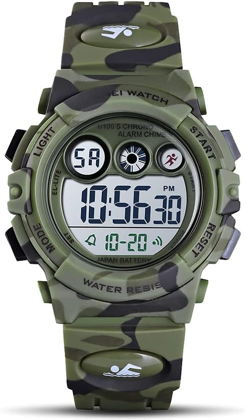 GOLDEN HOUR Watches for Kids Digital Sport Waterproof Boys Watch Outdoor 12/24 H Alarm EL Backlight Stopwatch Military Child Wristwatch Ages 3-15 (Camouflage Green)