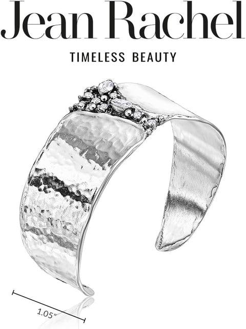 925 Sterling Silver Cuff Bracelet With 2.60 TCW White Facet Cubic Zirconia, Statement Jewelry, Hypoallergenic, Nickel and Lead-free, Artisan Handcrafted Designer collection, Made In Israel JEAN RACHEL JEWELRY