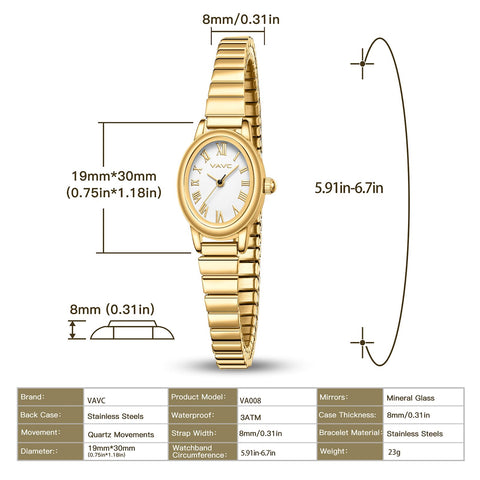 VAVC Small Gold Watches for Women,Analog Womens Watch with Stainless Steel Expansion Band,Oval Case Roman Dial,Water Resistant（5.91in-6.7in）