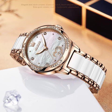 OLEVS Automatic Self Winding Watch for Women Rose Gold Stainless Steel Ceramic Women Wrist Watches Large Face White Heart Diamond Mother of Pearl Waterproof Date Ladies Watch for Women Two Tone OLEVS