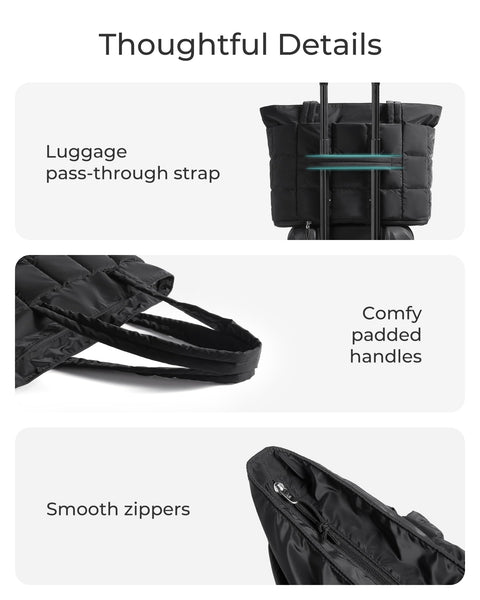 BAGSMART Expandable Tote Bag for Women, Puffer Work Tote Handbag, Quilted Carry On Bag for Travel Gym, Black, Large