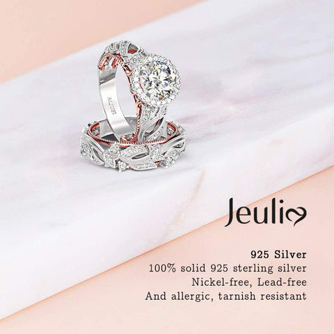 Jeulia 4 Carat Leaf Rings for Women 925 Sterling Silver 18 K Rose Gold Plated Round Cut Engagement Ring Set White Diamond Halo Cubic Zirconia Wedding band CZ Solitaire Anniversary Promise Rings (7) Jeulia