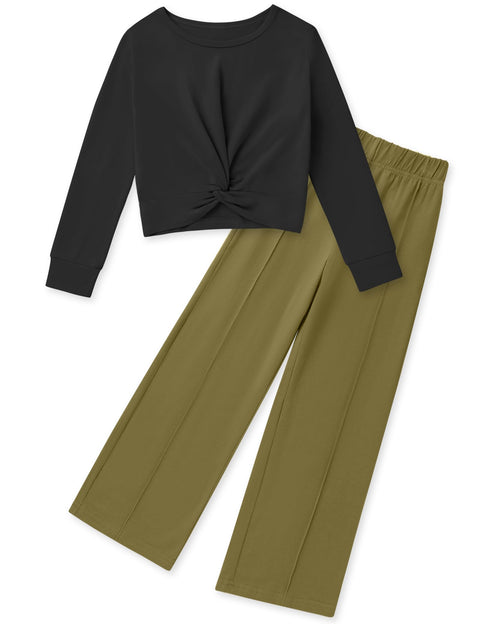 Gaupafmb Little Girl Clothes 2PCS Casual Outfits Solid Twist Front Long Sleeve and Wide Leg Pants Clothes for Girls 9-10