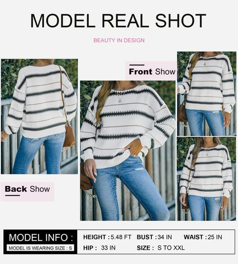 Dokotoo Long Sleeve Crewneck Striped Pullover Sweaters for Women Winter Casual Loose Knit Pullover Sweater Jumper Tops White Medium