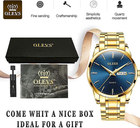 OLEVS Men's Gold Watch,Men Watch Blue Dial Classic Dress Watch with Day Date Satinless Steel Waterproof Fashion Casual Luxury Watch for Man Quartz Simple WristWatches Man,relojes de Hombre OLEVS