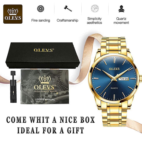 OLEVS Men's Gold Watch,Men Watch Blue Dial Classic Dress Watch with Day Date Satinless Steel Waterproof Fashion Casual Luxury Watch for Man Quartz Simple WristWatches Man,relojes de Hombre OLEVS