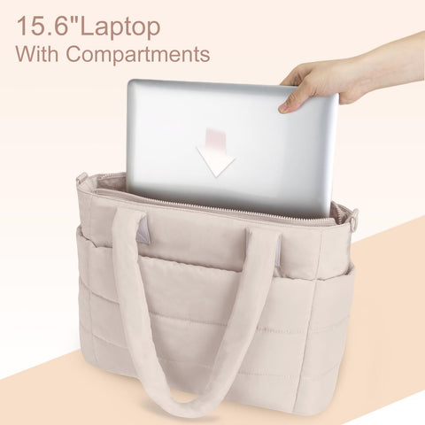 Tote Bag for Women Puffer Tote Bag Large Quilted Nurse Bag with Zipper for Work Travel (Beige)