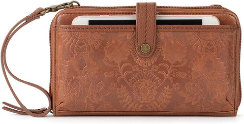 The Sak Iris Smartphone Crossbody Purse - Women's Cellphone Bag & Wallet For Everyday - Convertible Wristlet With Zipper in Tobacco Floral Embossed/Leather The Sak