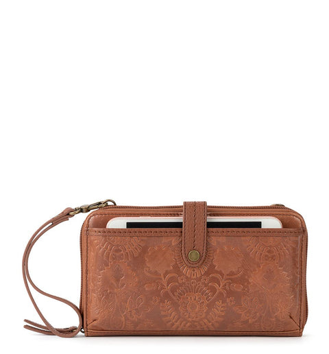 The Sak Iris Smartphone Crossbody Purse - Women's Cellphone Bag & Wallet For Everyday - Convertible Wristlet With Zipper in Tobacco Floral Embossed/Leather The Sak
