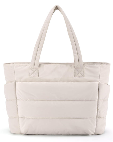 BAGSMART Tote Bag for Women, Lightweight Puffy Tote Bag with Compartments Shoulder Bag Handbag Quilted Shoulder Bag Handbag for Travel, Work, Beach, Gym, Shop(Beige) BAGSMART
