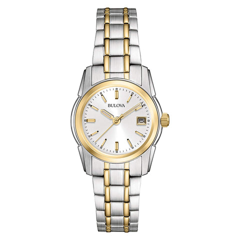 Bulova Ladies' Classic Two-Tone Stainless Steel 3-Hand Calendar Date Quartz Watch, Silver-White Dial (Style: 98M105) Bulova