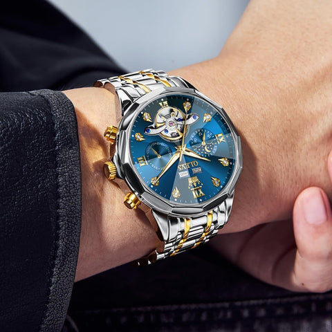 OLEVS Skeleton Men Watches Automatic Business Luxury Diamond Self Winding Watch for Men Stainless Steel Calendar Blue Wrist Watch