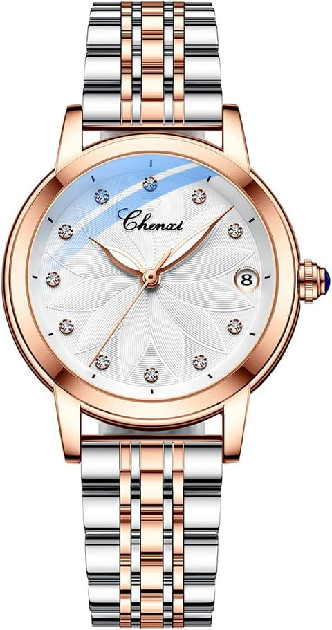 Verhux Elegant Automatic Skeleton Ladies Watches Two Tone Rose Gold and Silver Stainless Steel Waterproof Luminos Womens Wrist Watches