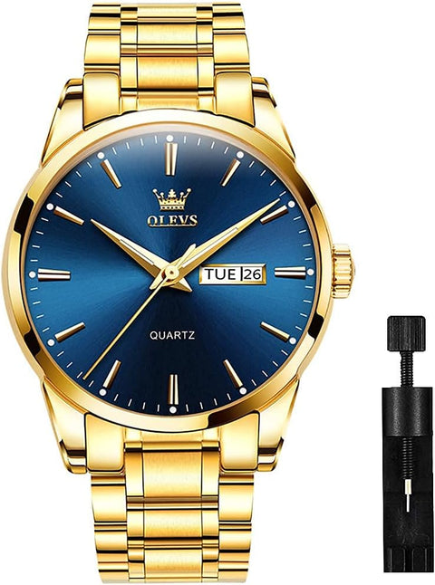 OLEVS Men's Gold Watch,Men Watch Blue Dial Classic Dress Watch with Day Date Satinless Steel Waterproof Fashion Casual Luxury Watch for Man Quartz Simple WristWatches Man,relojes de Hombre OLEVS