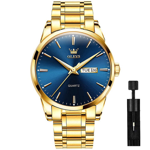 OLEVS Men's Gold Watch,Men Watch Blue Dial Classic Dress Watch with Day Date Satinless Steel Waterproof Fashion Casual Luxury Watch for Man Quartz Simple WristWatches Man,relojes de Hombre OLEVS