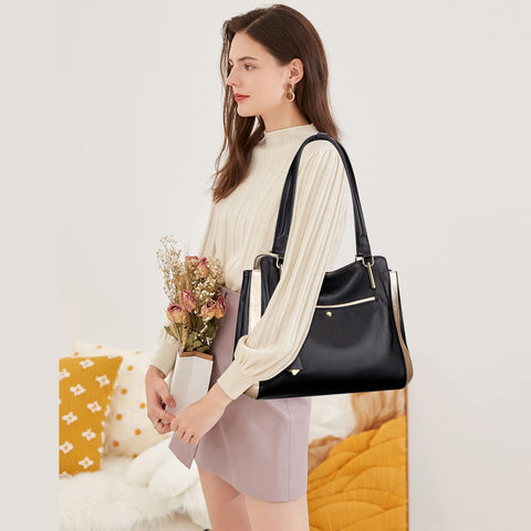 Over Earth Genuine Leather Shoulder Tote Bag for Women Soft Hobo Womens Purses and Handbags(O191E Black/Gold) Over Earth