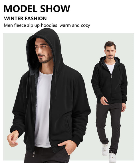 GEEK LIGHTING Men’s Fleece-Lined Zip Up Hoodie, Thick Hooded Jacket Winter Warm Athletic Sweatshirt, Pure black XL