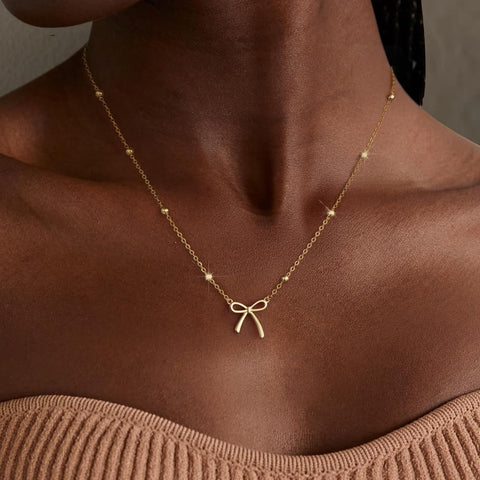 Thaivor Stocking Stuffers Necklace for Women Dainty Bow Necklace 14K Gold Plated Cute Choker Small Pendant Charm Necklaces Teen Gift Trendy Stuff Personalized Jewelry Christmas Gifts