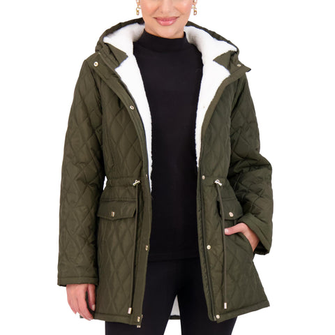 Jones NY Diamond-Quilted Jacket Anorak with Fur Lining - Winter Coats for Women, Olive - M Jones New York