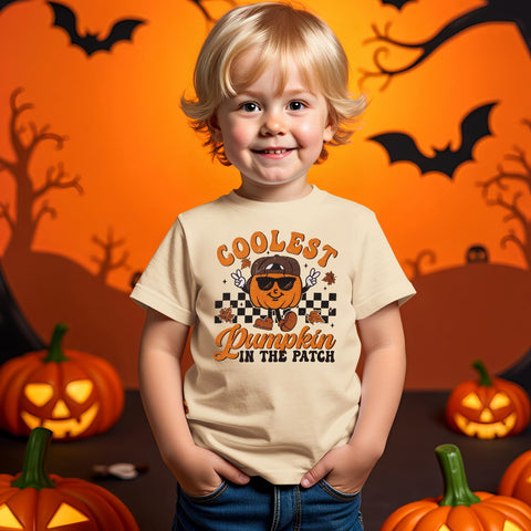 GLIGLITTR Toddler Boy Halloween Shirt Coolest Pumpkin in The Patch Tshirt Kids Spooky Season Short Sleeve Tee Top Fall Outfit(Apricot,4-5T)