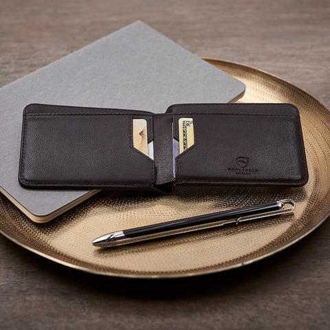Vaultskin MANHATTAN Slim RFID Blocking Bifold Leather Wallet for Men - Minimalist Front Pocket Card Holder, Holds 9 Cards & Cash, Premium Italian Leather (Brown) Vaultskin