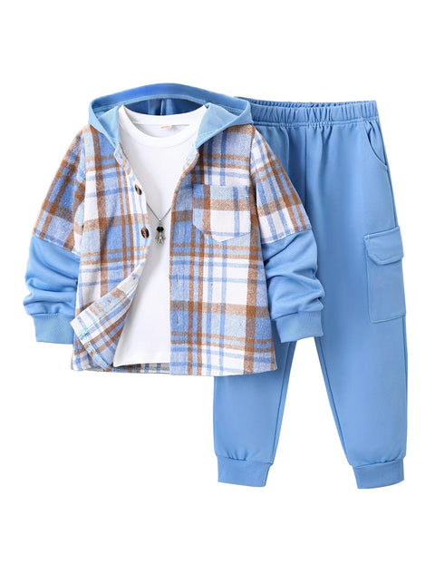 Fdqin 2Pcs Kids Boys Flannel Plaid Shirt Tops Pants Set Hoodie Sweatsuit for Fall Winter Spring Outfits Blue 9-10Year