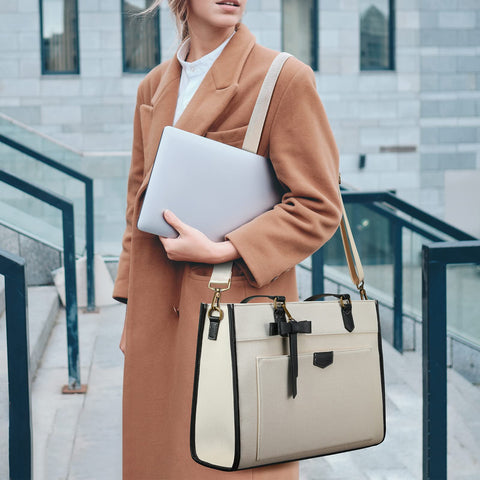 Keyli Laptop Tote Bag Canvas Bag for Women 15.6 inch Casual Work Shoulder Bags Large Capacity Professional Business Office Computer Bag Briefcase Handbag Purses for Travel, Office, School White Keyli