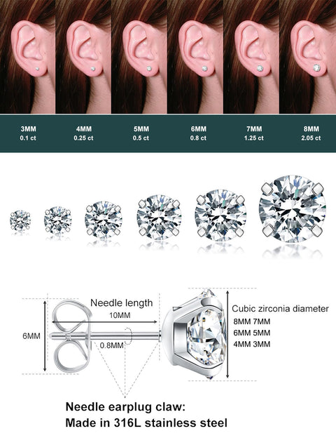 6 Pairs Stud Earrings Set, Hypoallergenic Cubic Zirconia 316L Earrings Stainless Steel CZ Earrings 3-8mm (Steel color) Wssxc