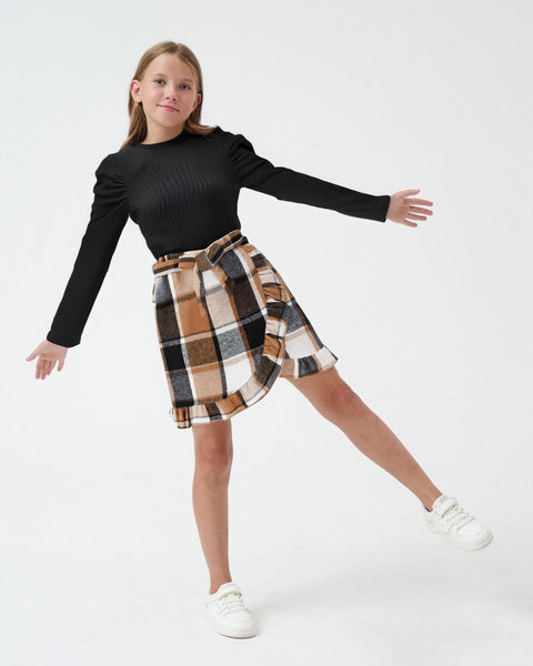 Yhnslsf Clothes for Girls 13-14Years, Fall Outfits 2 Piece Skirt Set Black Long Sleeve Ruffle Sleeve Top Dark Apricot Irregular Pleated Plaid Skirt Set Winter Preppy Clothing for Teen Girl