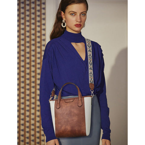 BOSTANTEN Crossbody Tote Bag Small Bucket Bag Vegan Leather Handbag Purses for Women Guitar Strap, Beige and Brown BOSTANTEN