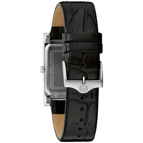 Bulova Men's Stainless Steel 3-Hand Calendar Date Quartz Watch with Black Leather Strap, Rectangle Dial Style: 96B107 Bulova