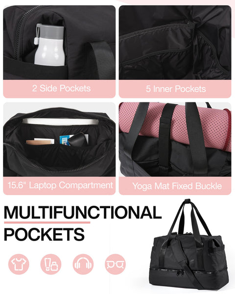 Weekender Bags for Women, BAGSMART Travel Duffel Bags with Shoe Compartment,Personal Item Travel Bag for Airlines, Carry on Overnight Tote Bag with Toiletry Bag (Black) BAGSMART