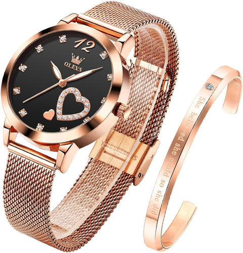 OLEVS Womens Watch Gift Set with Bracelet Rose Gold Minimalist Slim Thin Casual Dress Analog Quartz Wrist Watches for Lady Female Waterproof Black Dial Two Tone