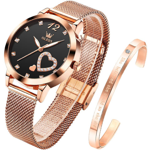 OLEVS Womens Watch Gift Set with Bracelet Rose Gold Minimalist Slim Thin Casual Dress Analog Quartz Wrist Watches for Lady Female Waterproof Black Dial Two Tone