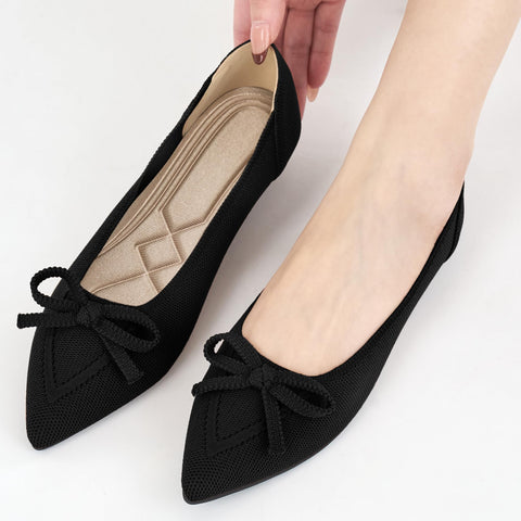 Ablanczoom Ballet Flats Shoes for Women: Dressy Pointed Toe Bow Knit Flats Comfortable Slip On Work Business Shoes for Driving Dating Wedding Black