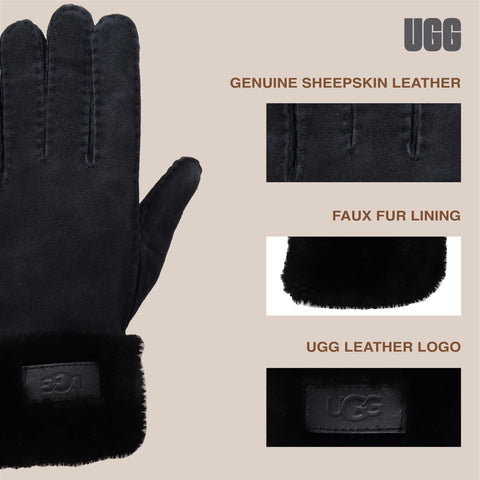 UGG Women's Leather Turn Cuff Water Resistant Sheepskin Shearling Lined Winter Gloves, Black, Large UGG