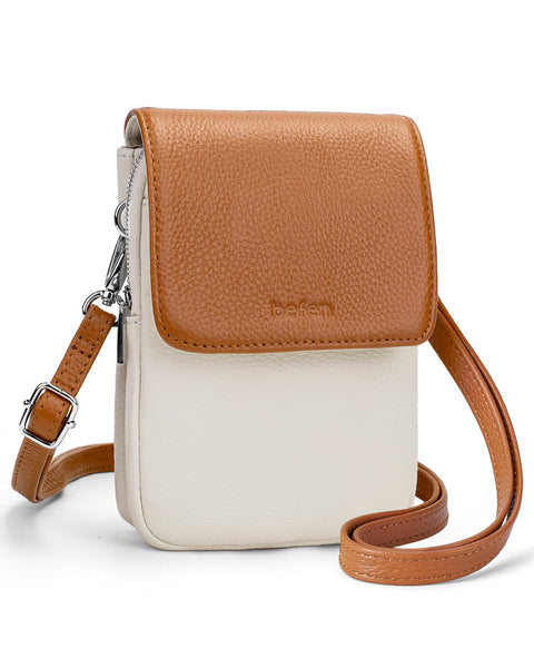 befen Genuine Leather Small Crossbody Bags for Women, Woman Cell Phone Cross body Purse Bag with RFID Blocking Card Slots Beige Brown
