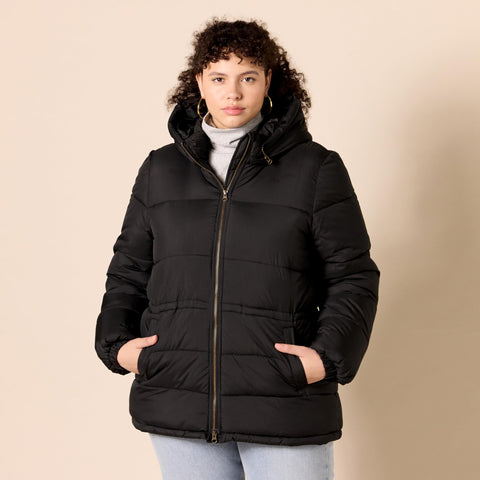 Amazon Essentials Women's Heavyweight Quilted Hooded Puffer Winter Jacket with Adjustable Waist, Black, X-Large Amazon Essentials