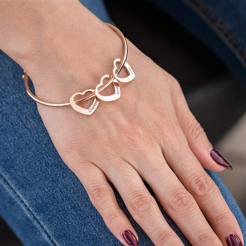 MyNameNecklace MYKA - Personalized Bracelet Bangle with Heart Pendants - Custom Made Multiple Pendant Jewelry Wife Women Christmas Gift (Rose Gold Plated Sterling Silver) MyNameNecklace